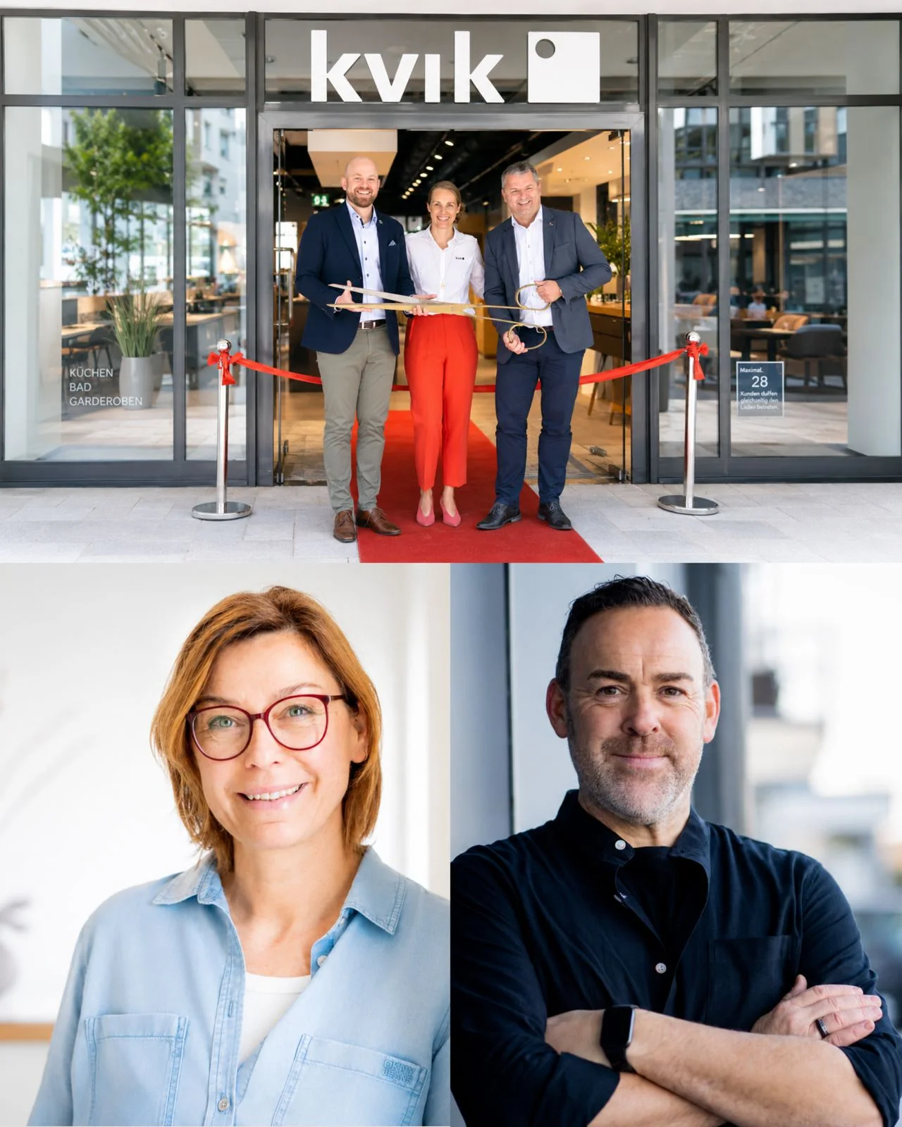 Collage aus einer Kvik-Geschäftseröffnung und zwei professionellen Businessporträts