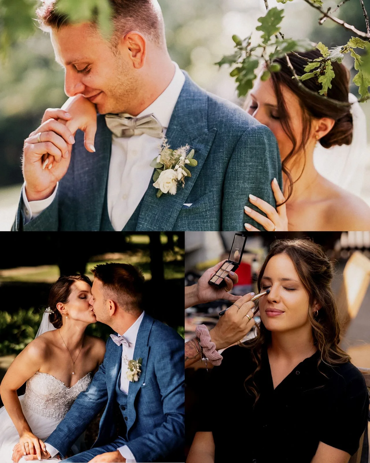 Hochzeitscollage mit Handkuss, Brautpaarkuss und Getting Ready der Braut