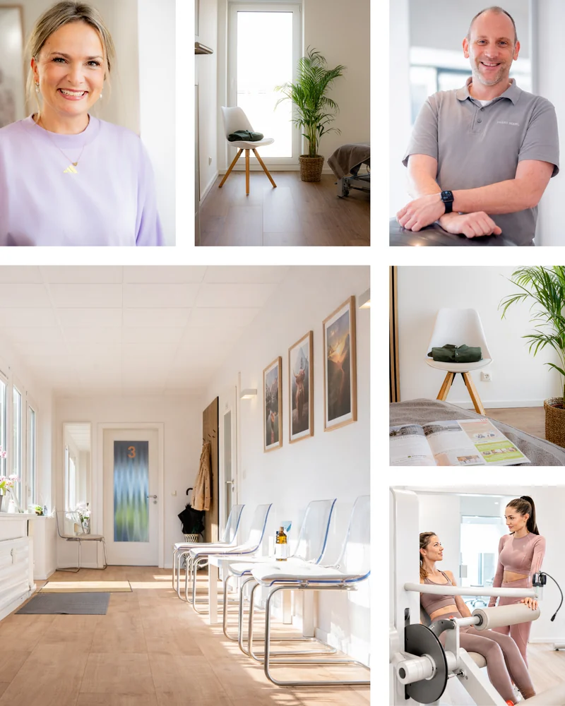 Collage mit Physiotherapie-Team, hellen Praxisräumen und Behandlungssituation