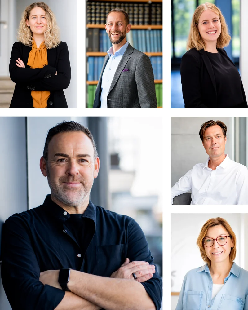 Collage mit Businessporträts von Frauen und Männern vor hellen und dunklen Hintergründen