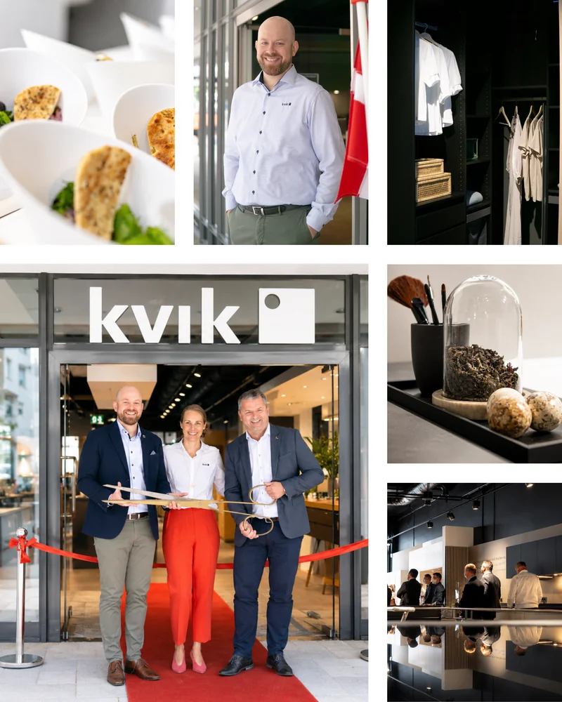 KVIK-Collage mit Team, Neueröffnung und Details aus dem Küchenstudio