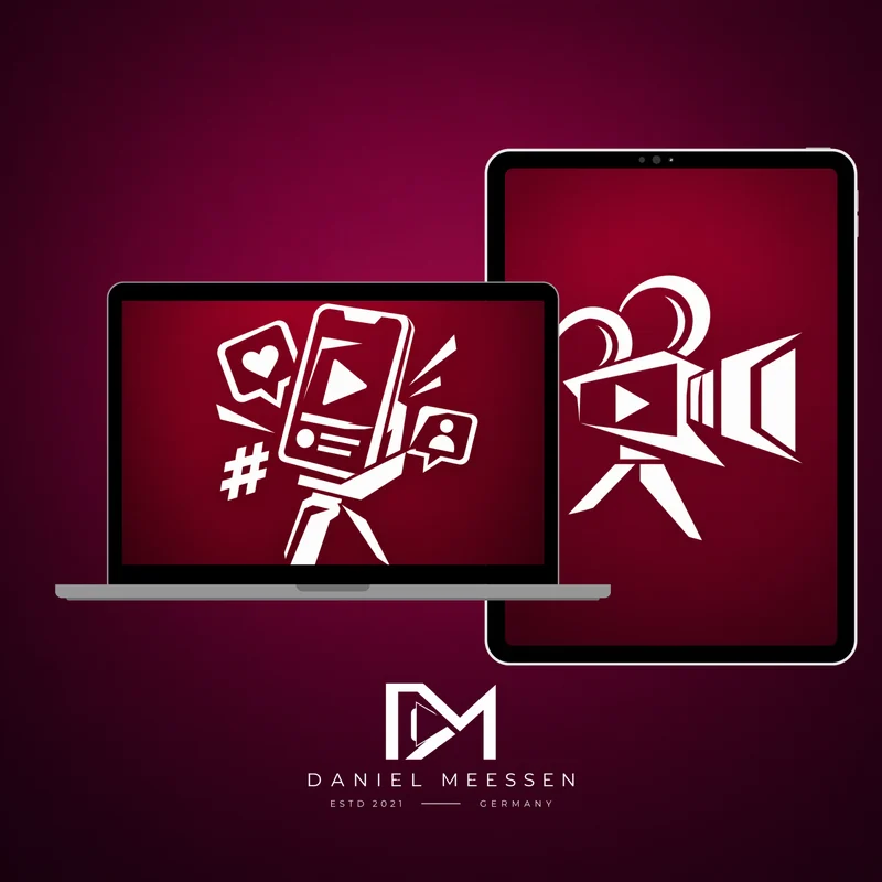 Gestaltung mit Smartphone, Kamera und Videomotiv auf weinrotem Hintergrund