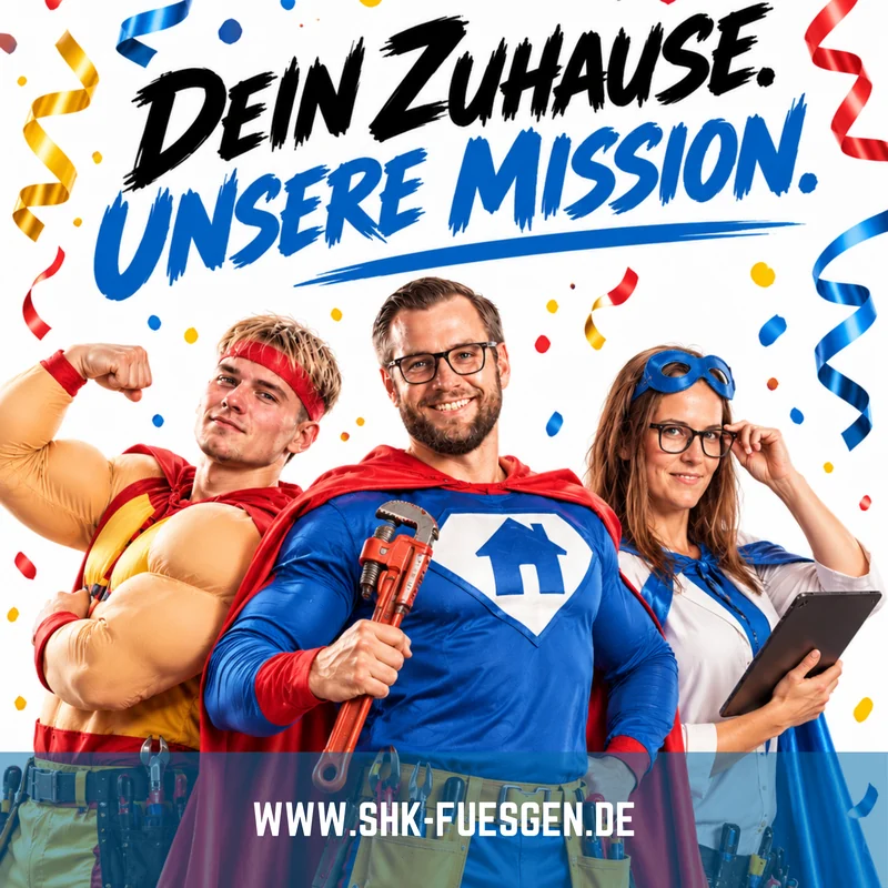Bunte Handwerkskampagne mit zwei Männern und dem Text Dein Zuhause. Unsere Mission.