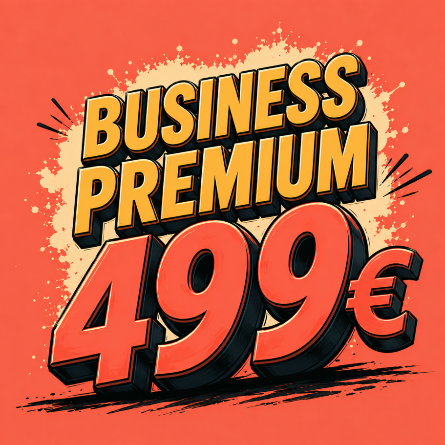 Text in auffälliger Schrift: "BUSINESS PREMIUM 499€" auf rotem Hintergrund.