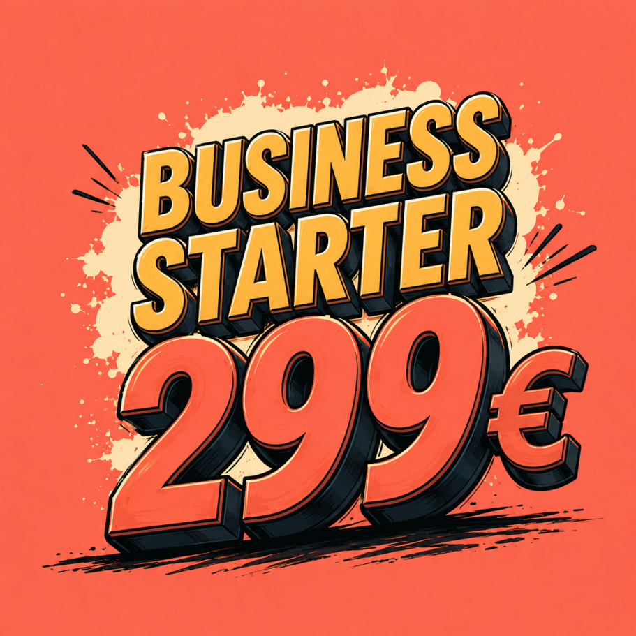 Text auf rotem Hintergrund: "BUSINESS STARTER 299 €".