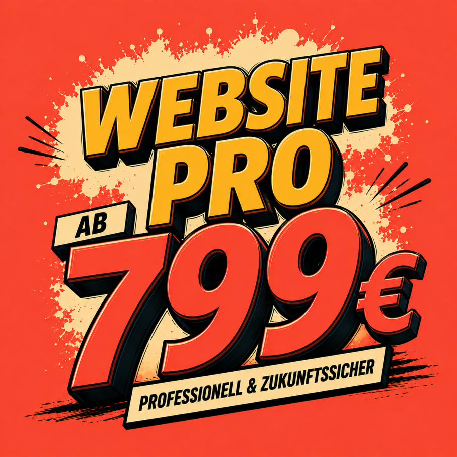 Rote Grafik mit Text: "Website Pro ab 799€ - professionell & zukunftssicher".