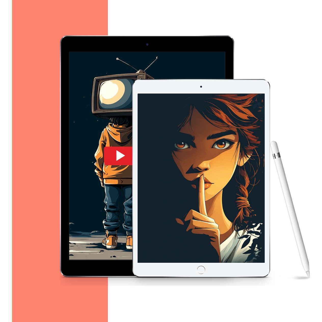 Zwei Tablets mit unterschiedlichen Illustrationen und einem Stift auf einem weißen Hintergrund.