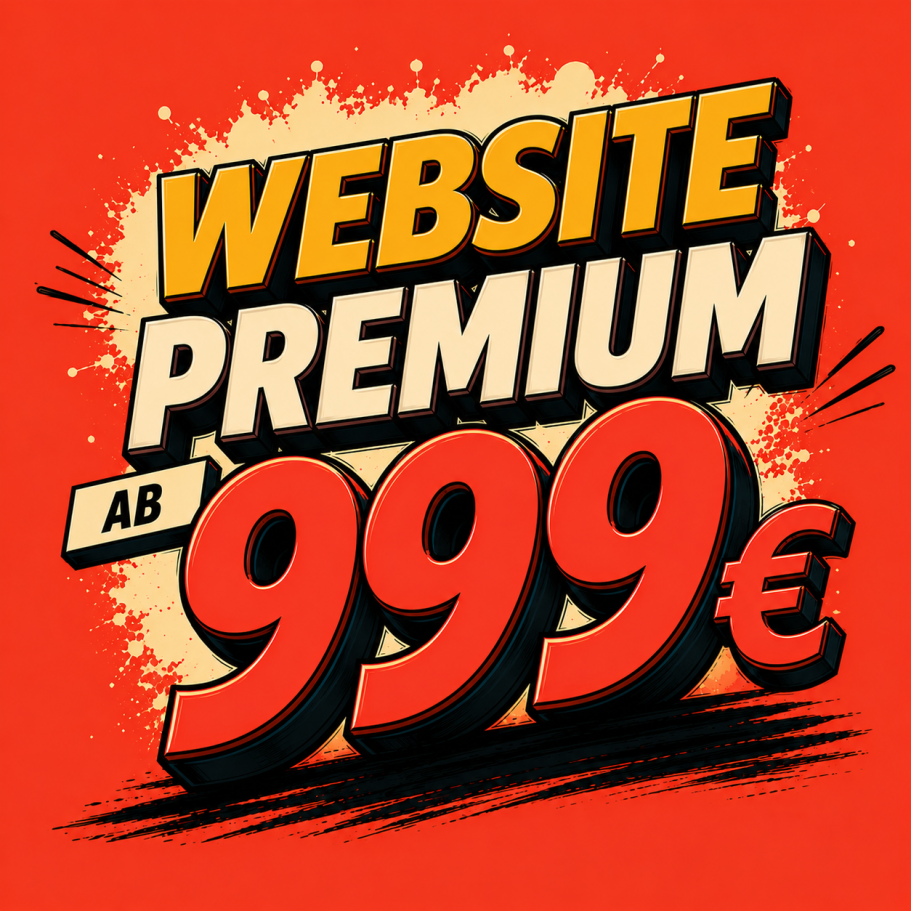 Website Premium-Angebot ab 999 € auf rotem Hintergrund mit explosivem Design.