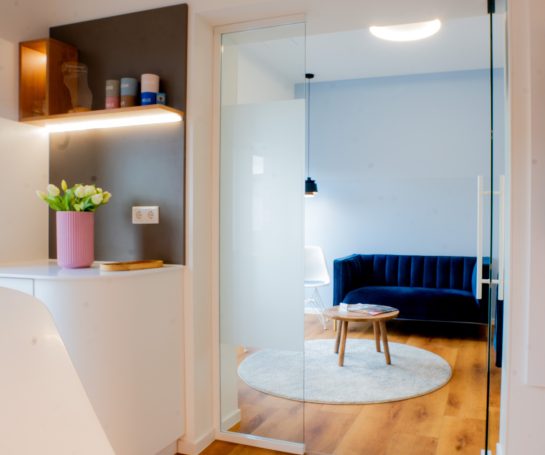 Moderne Wohnumgebung mit Glas-Schiebetür, blauer Couch und Blumenarrangement.